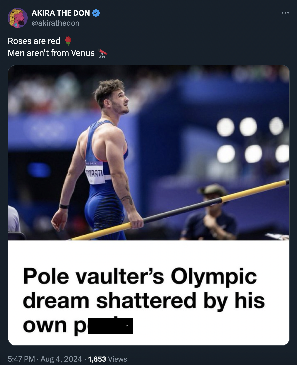 Pole vault - Akira The Don Roses are red Men aren't from Venus Pole vaulter's Olympic dream shattered by his own pl 1,653 Views